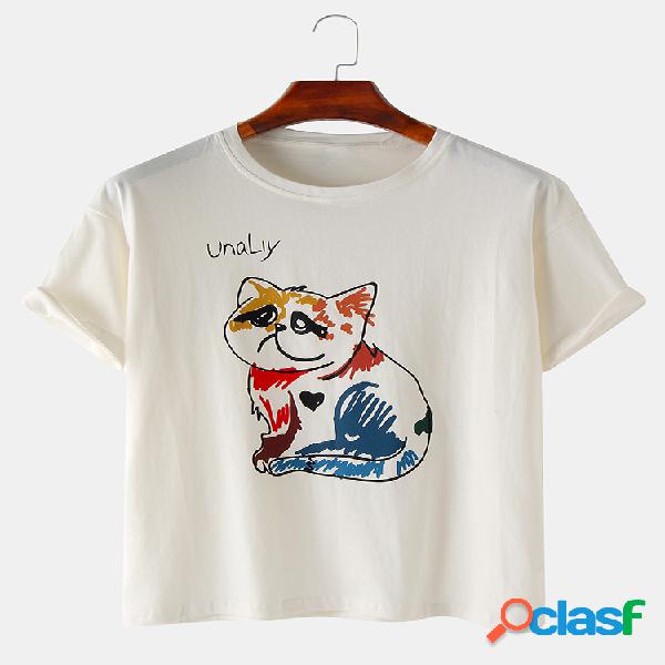 Mens Cartoon Colorful Cat Print T-shirts respiráveis e
