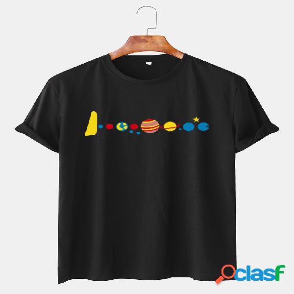 Mens Cartoon Planet Print Cor sólida Casual Loose Light