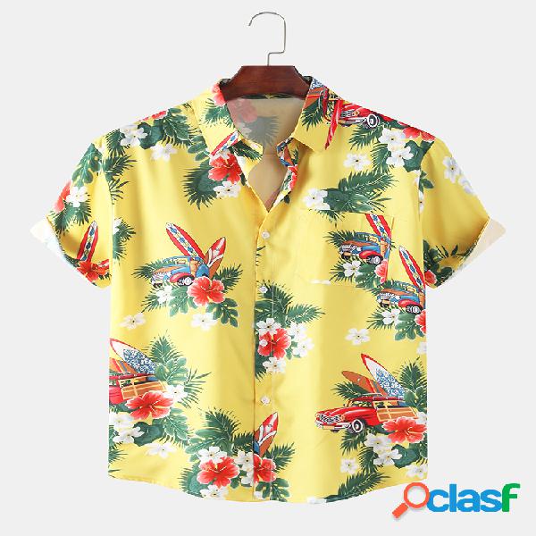 Mens Cartoon Praia Print Leisure Holiday Hawaiian Lapel