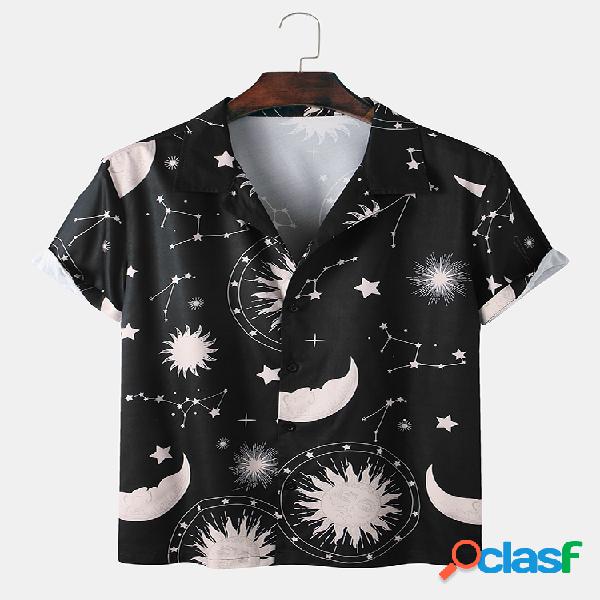 Mens Cartoon Starry Sky Impresso Casual Lapel Collar Camisa