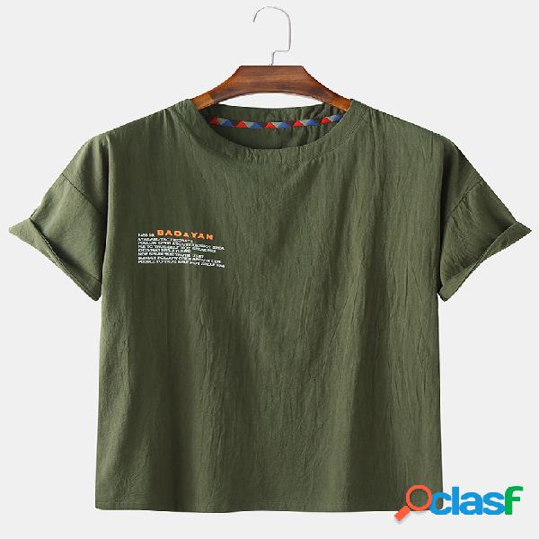 Mens Casual Loose Slogan Print Linen Camisetas de manga