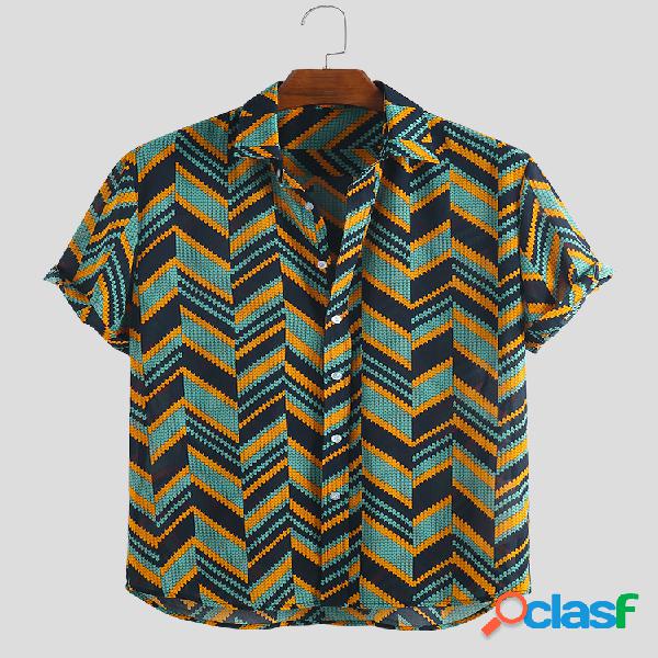 Mens Chevron Ethnic Impresso Turn Down Collar Camisas de