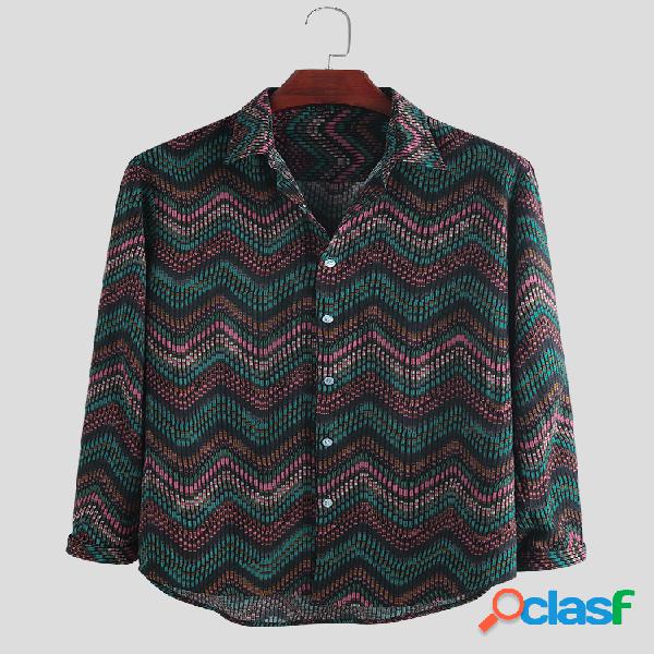 Mens Chevron Ethnic Impresso Turn Down Collar Manga comprida
