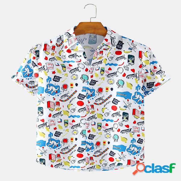 Mens Colorful Cartoon Element Print Camisas de manga curta