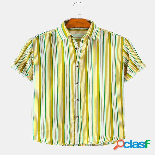 Mens Colorful Stripes Print Camisas de manga curta finas e