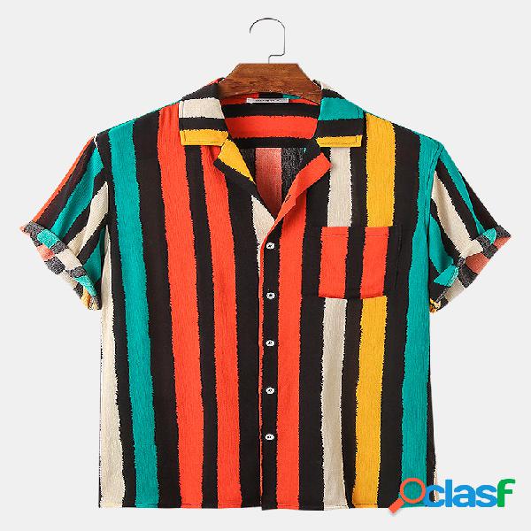 Mens Colorful Stripes Print Loose Casual Designer Camisas de