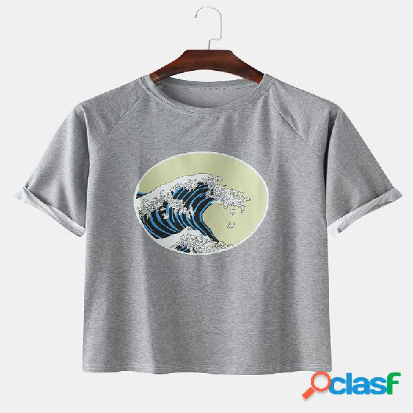 Mens Cool Estilo japonês Wave Cartoon Print O-pescoço