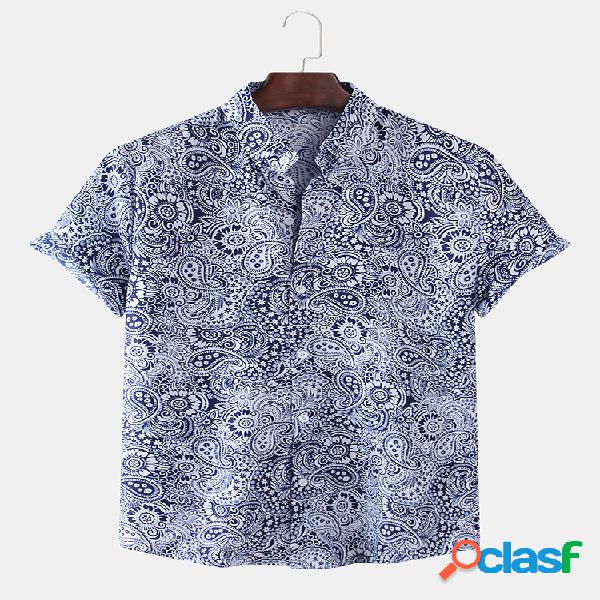 Mens Cotton Ethnic Vintage Printed Loose Casual Manga curta