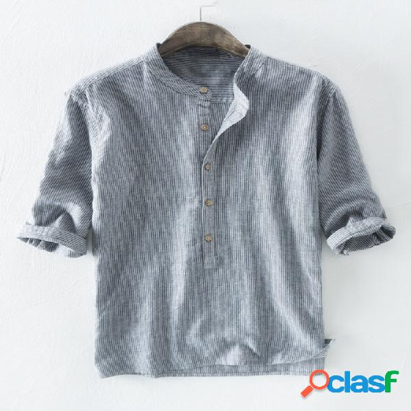Mens Cotton Striped Printed Half Sleeve Loose Casual Henley