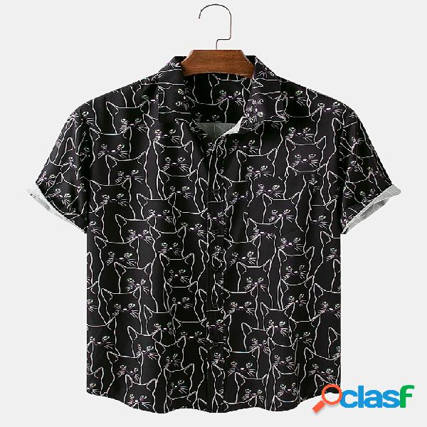 Mens Cute Black Cat Print Camisas de manga curta