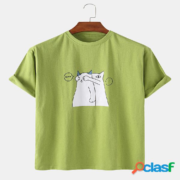 Mens Cute Cartoon Cat Print Cor sólida Loose Light O-Neck