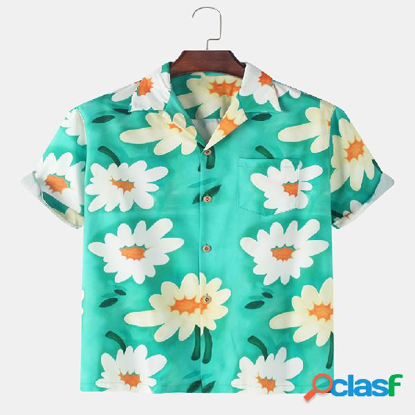 Mens Daisy Floral Print Respirável Light Casual Chest