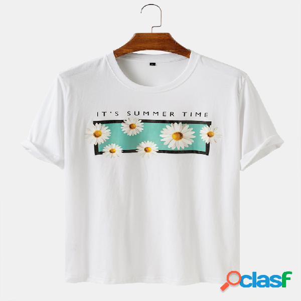 Mens Daisy Padrão Print Solid Color Loose Casual O-Neck