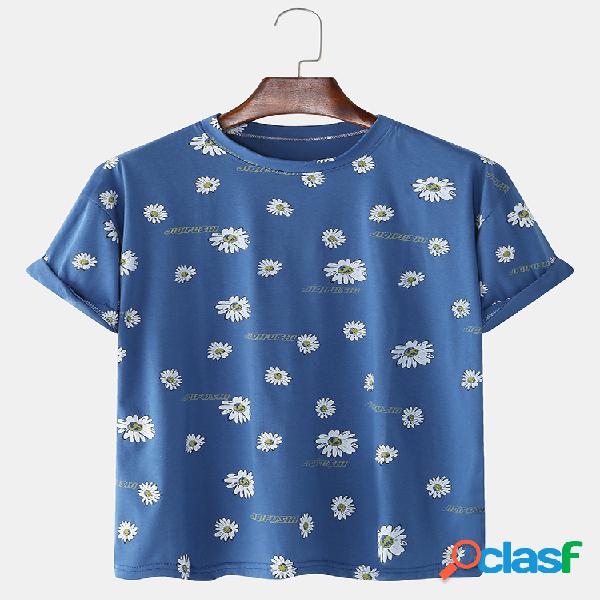 Mens Daisy Printed Cotton Casual O-Neck Camisetas de manga