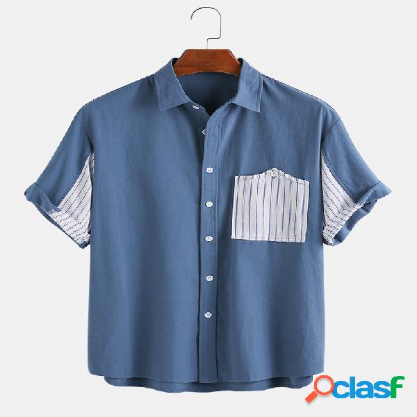 Mens Designer Chest Pocket Patchwork 100% Algodão Camisas