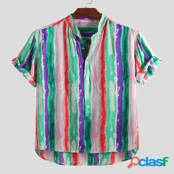 Mens Engraçado Listrado Impresso Stand Collar Manga curta