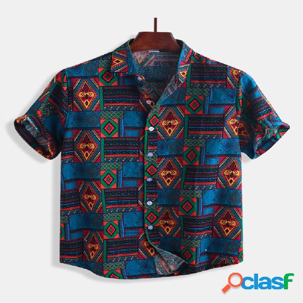 Mens Ethnic Padrão Impresso Turn Down Collar manga curta