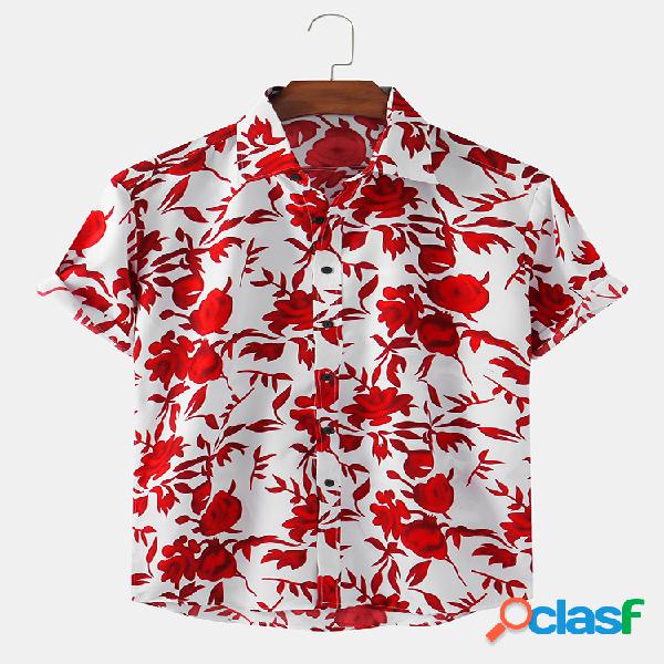 Mens Floral Impresso Respirável Casual Camisas de manga