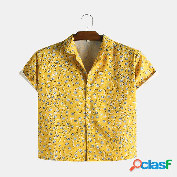 Mens Floral Impresso Turn Down Collar Manga curta Camisas