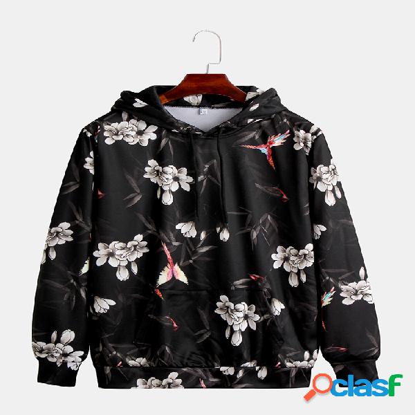 Mens Floral Impresso manga comprida Pocket Drawstring Casual