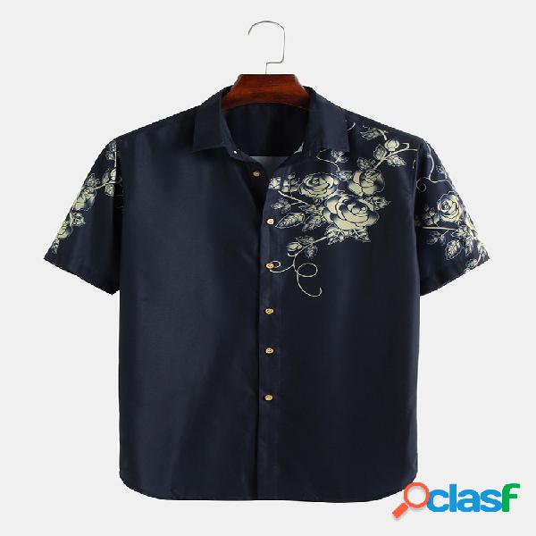 Mens Freshness Elegance Floral Impresso Turn Down Collar