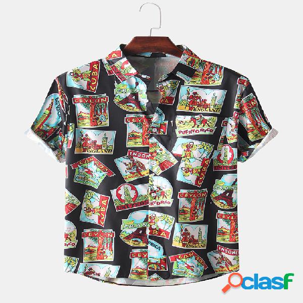 Mens Fun Cartoon Torre Eiffel impressão Casual lapela manga