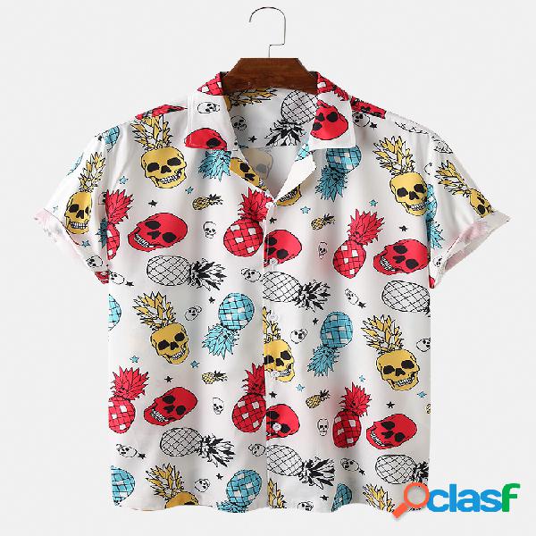 Mens Funny Caveira & Fruit Print Camisas de manga curta