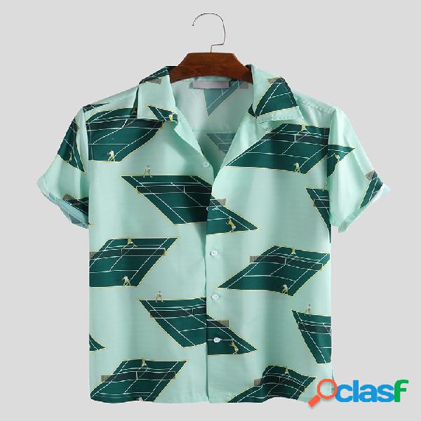 Mens Funny Tennis Court Impresso Turn Down Collar Manga