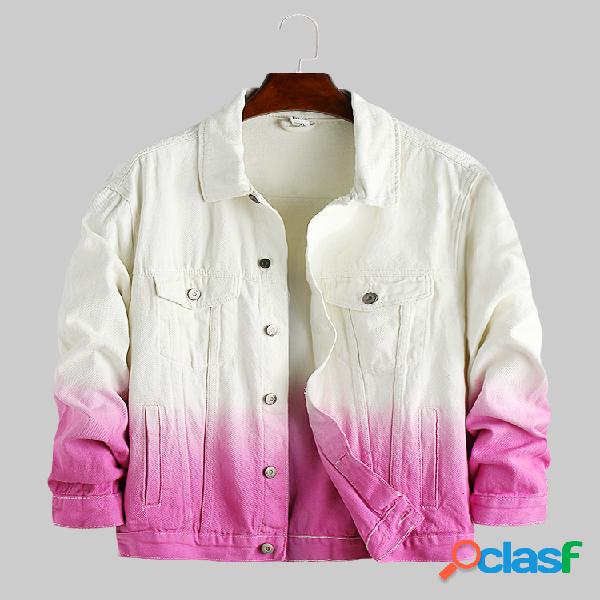 Mens Gradient Color Denim Pockets Turn Down Collar Casacos