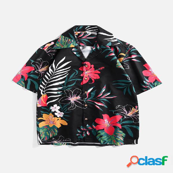 Mens Hawaiian Holiday Floral Impresso Turn Down Collar Manga