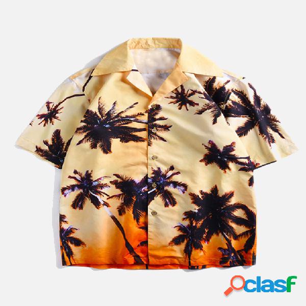 Mens Hawaiian Tree Printed Turn Down Collar Manga curta