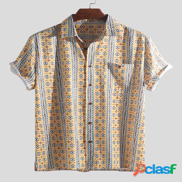 Mens Holiday Floral Stripe Vintage Casual Chest Pocket Turn