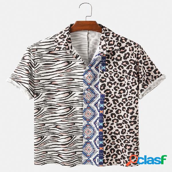 Mens Leopard Print Patchwork Casual Loose Designer Camisas