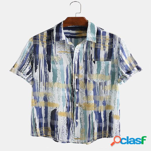 Mens Multi Color Graffiti Chest Pocket Respirável Loose