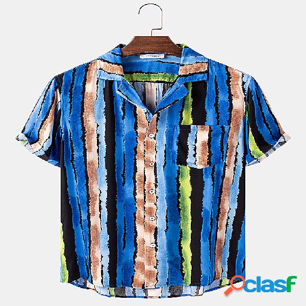 Mens Multi-Color Stripes Imprimir Casual Chest Pocket