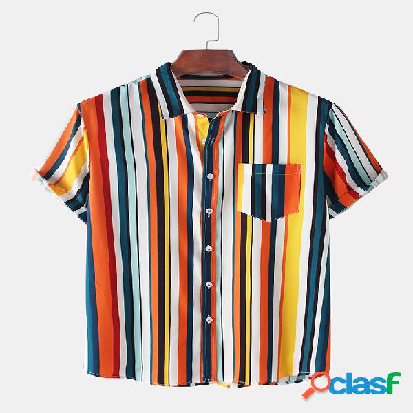 Mens Multicolor listrado impresso Casual Slim Camisa
