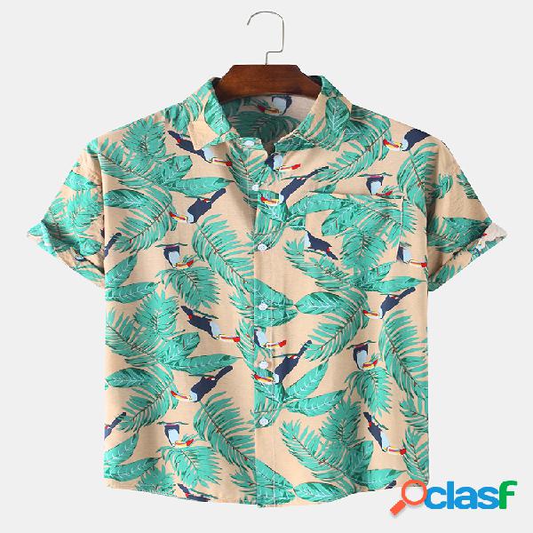 Mens Parrot & Folha Printed Light Casual Camisas de manga