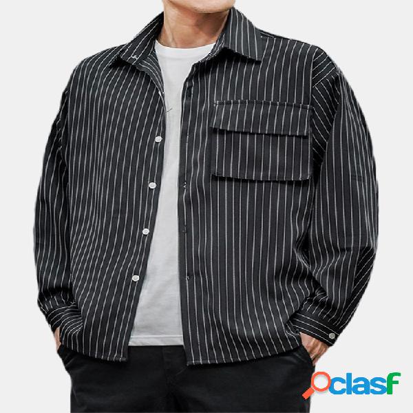 Mens Plain Solid Color Stripe Chest Pocket Camisas de manga