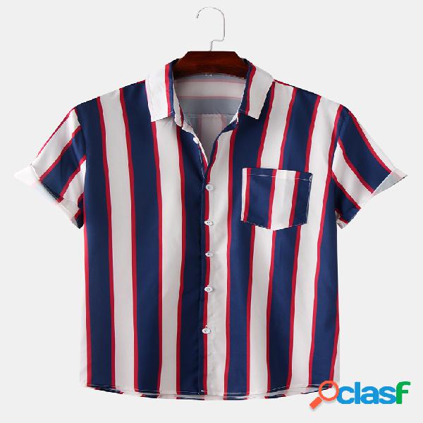 Mens Plain Stripe Chest Pocket Turn Down Collar Camisas de