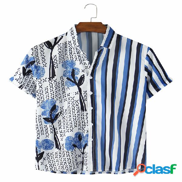 Mens Planta & Folha Striped Patchwork Holiday Casual manga