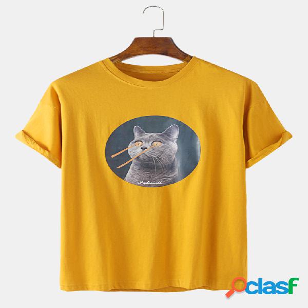 Mens Russian Blue Cat Graphic Print Casual Loose O-Neck