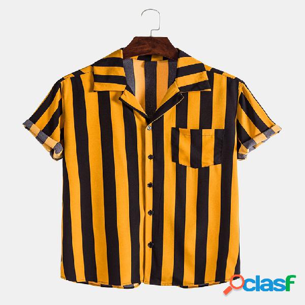 Mens Simple Casual Striped Chest Pocket Camisas de manga