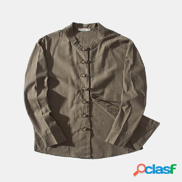 Mens Solid Color Breasted Cotton Linen Loose Vintage Casual