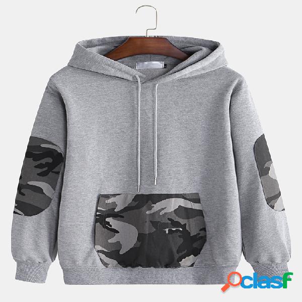 Mens Solid Color Camo Patchwork Muff Pockets Hoodies