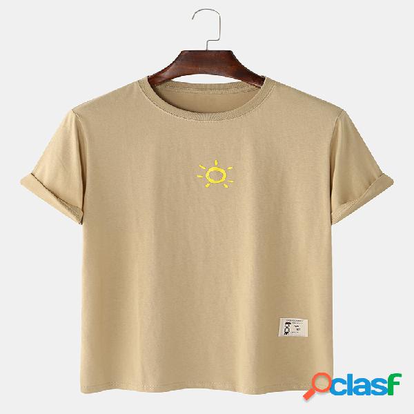 Mens Solid Color Sun Print Loose Light Round Neck T-Shirts