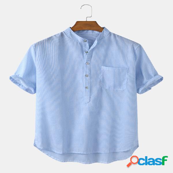 Mens Solid Wash listrado algodão respirável Casual Henley