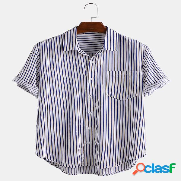Mens Stripe respirável impresso Turn Down Collar manga