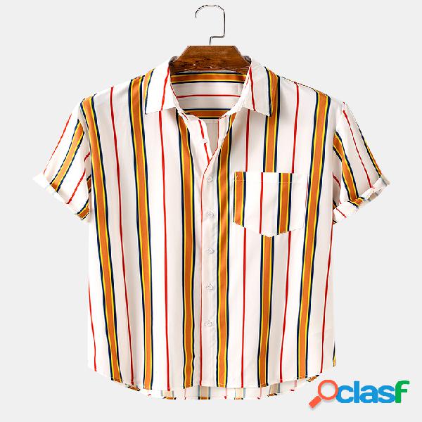 Mens Stripes Print Camisas de manga curta casuais