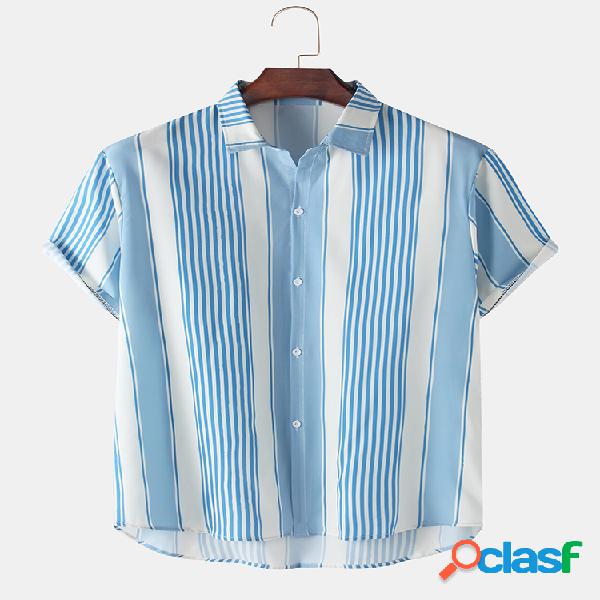 Mens Stripes Print Camisas de manga curta finas,