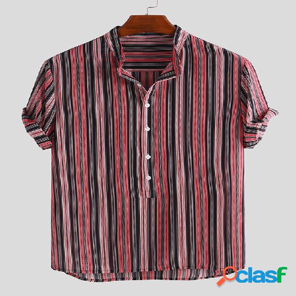 Mens Summer Hit Color Stripe Chest Pocket Stand Collar Manga